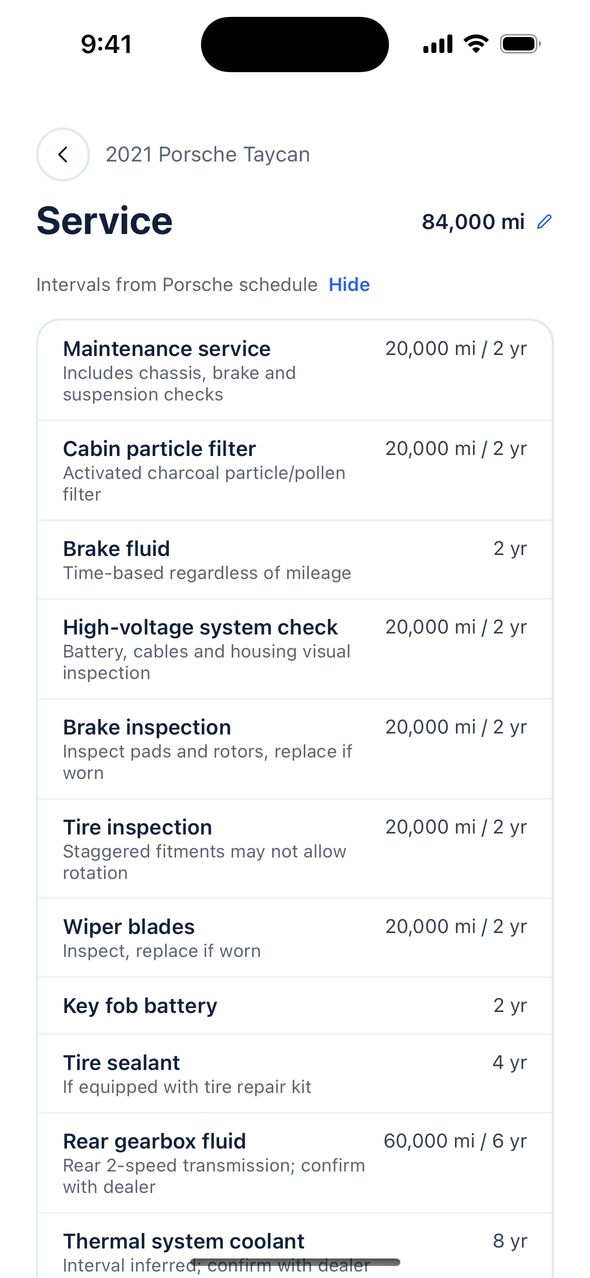 Service screen with the manufacturer's maintenance intervals