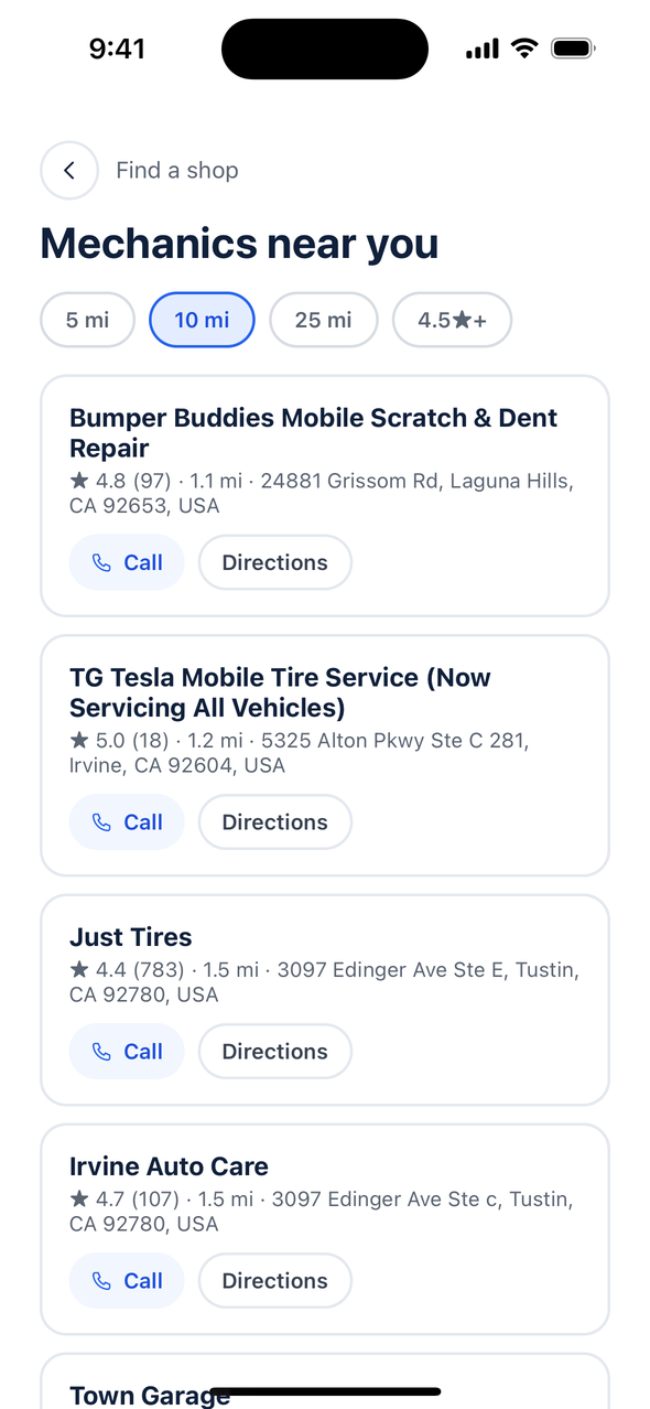 Nearby mechanics with ratings, call and directions