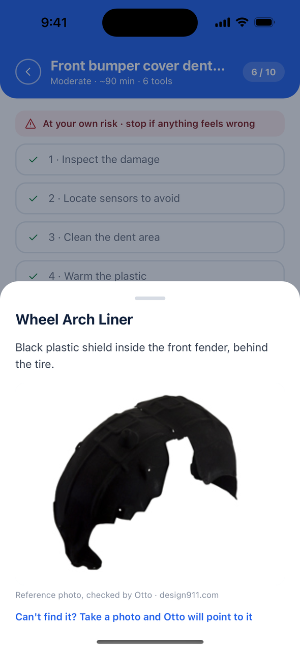 Tapping a highlighted part shows a reference photo